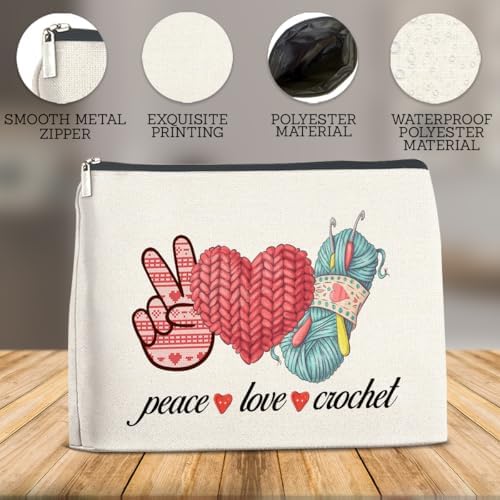 Peace Love Crochet Makeup Bag -Knitting Gift for Women Knitters Lovers,Lightweight Cosmetic Pouch