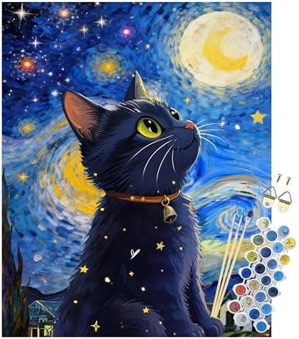 Starry Night Black Cat Paint by Numbers Kit for Adults, 16x20" DIY Art
