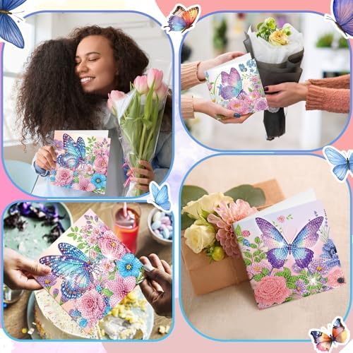 Saillong 12 Pack Butterfly Diamond Painting Greeting Card Kits Summer Diamond Art Cards with Envelopes Purple Butterfly Flowers 5D Rhinestones Painting Kits for Adults DIY Crafts Family Friend Gifts