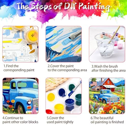 ZTOTZ Vintage Blue Truck Paint by Numbers Kit for Adults, 16x20 in American Farm Countryside Paint by Number Canvas, Red Barn -Floral Landscape Oil Painting for Adults Set