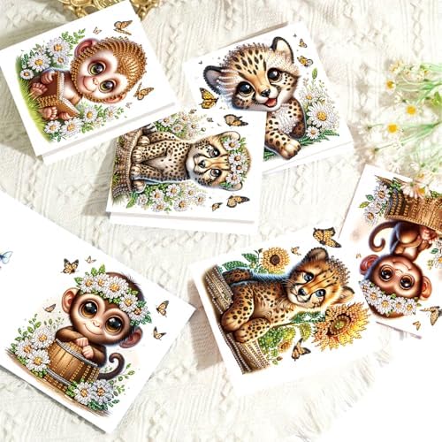 LazyFold 6 Pcs Diamond Art Painting Greeting Cards Kits, DIY Cute Leopard Handmade Festival Greeting Cards with Envelopes Diamond Art Crafts Birthday Cards Creative Gift