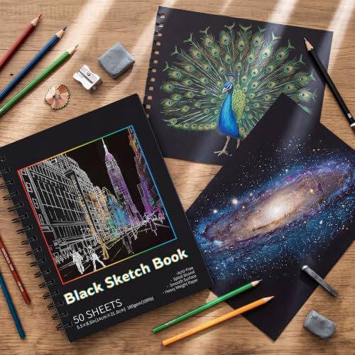 2 Pack Black Paper Sketchbook, 5.5 × 8.5 in, 100 Sheets, Spiral Bound