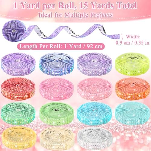 15 Yards Self Adhesive Rhinestone Strips, Rhinestone Ribbons Self Adhesive, Diamond Crystal Bedazzling Strips Glitter Bling Rhinestones Tape Stickers for Crafts, Fabric, Car, Shoes, Décor