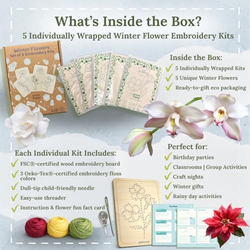 Wooden Flower Lacing Embroidery Kits for Beginners, Set of 5 Learn-to-Stitch Craft Boards, Sewing & Embroidery Art Kits for Kids Ages 8+, DIY Craft Projects, Educational Gifts, Party Favors (Winter)