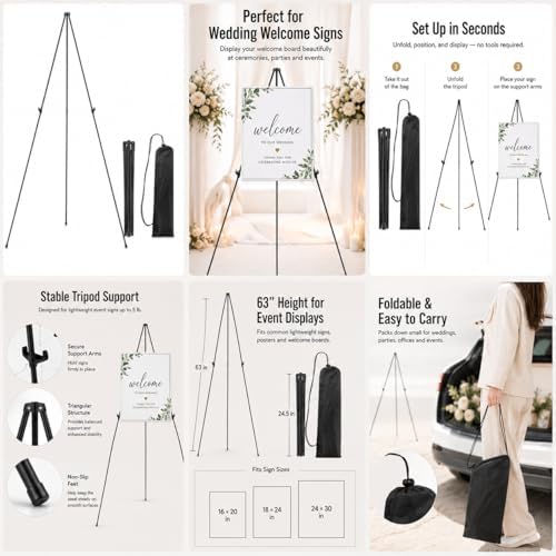 RRFTOK 2 Pack 63 in Sign Easel Stands, Instant-Fold Tripods with Bags | Instant-fold metal tripod with carry bag for welcome sign, poster display, foam board and floor use