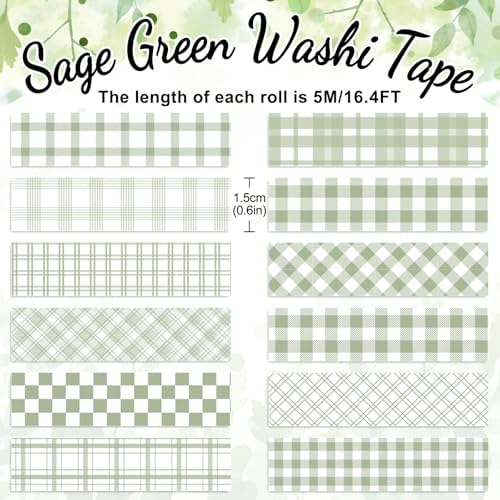 Whaline 12 Rolls Sage Green Plaid Washi Tape Masking Tape Set Pastel Green Gingham Decorative Wrapping Paper Tapes Boxed for Wedding Scrapbook Journal DIY Crafts
