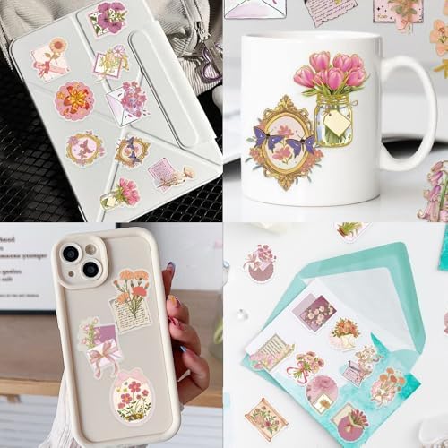 50Pcs Vintage Stickers,Waterproof Transparent PET Aesthetic Decorative Sticker Scrapbooking Supplies for Adult Card Making Letters Planner Journaling Junk Journal DIY Water Bottles Art Craft.Flowers