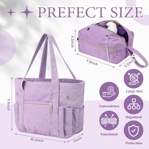 Bulyoou 2 Pcs Crochet Tote and Yarn Bag Set Corduroy Yarn Holder,Purple