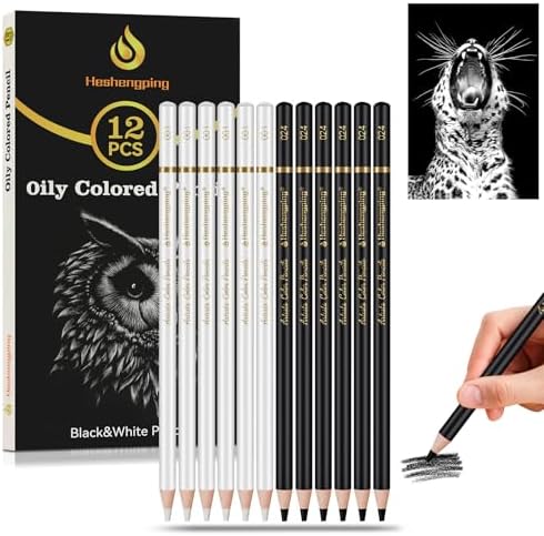Heshengping 6 Black 6 White oil color pencils coloring drawing pencil oil-based wooden colored pencils for artists beginners artists, 12 pack