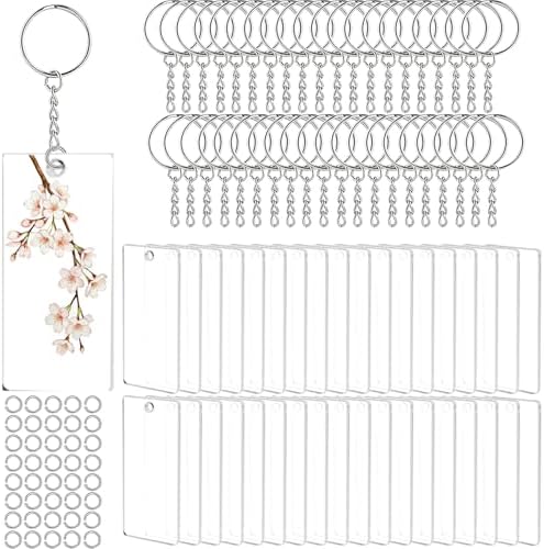 120Pcs Acrylic Keychain Blanks, BetterJonny 40Pcs Rectangle Key Tags with Key Chain Rings and Open Rings Unfinished Clear Ornament for DIY Crafting & Vinyl Projects