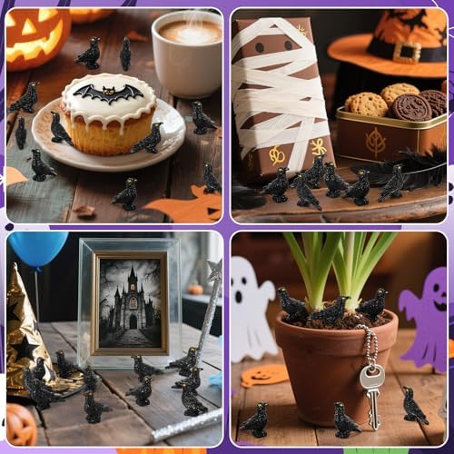 JUNEBRUSHS 50 Pcs Black Mini Resin Crow Halloween Table Decorations