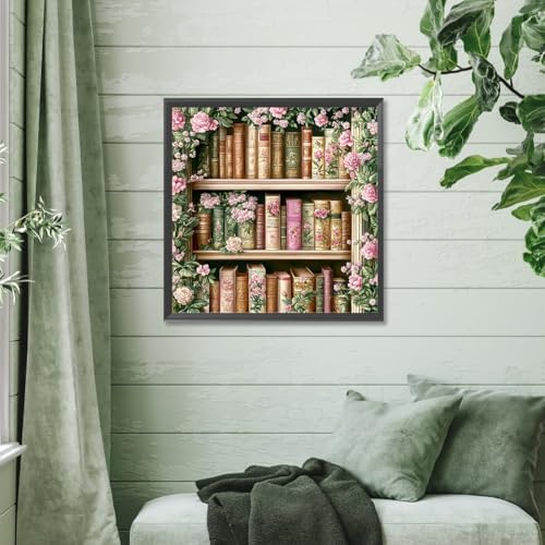 GEWOUVIN Vintage Flower Bookshelf Diamond Art Kits for Adults,Diamond Painting Kits for Adults Beginners, DIY Full 5D Round Drill Gem Art Kits for Gift Home Wall Decor【13.8x13.8inch】