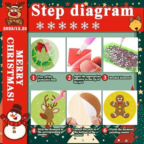 DOTSOPS 6 Pcs Christmas Diamond Art Kits for Adults - Diamond Art Coasters with Holder for Adults Beginners Diamond Craft for Christmas Birthday Gifts