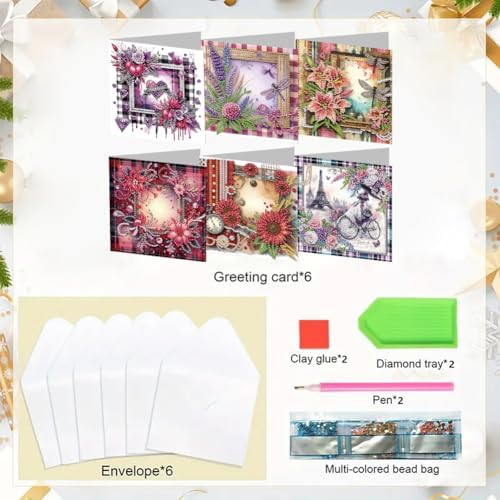 Diamond Art Cards with Envelopes–6PCS DIY Diamond Painting Greeting Cards Kit | Card Making Kit with Bling for Adults & Beginners | Birthday,Holiday & Thank You Cards (Flower)