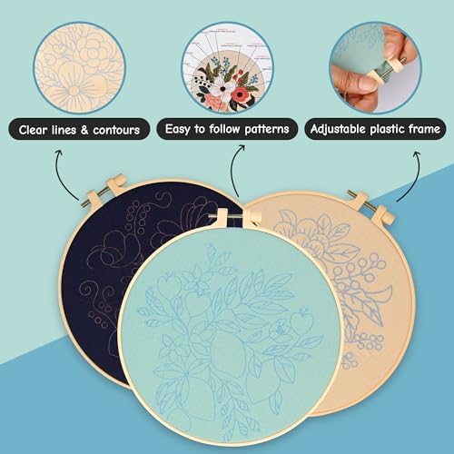 Colorful Flowers Embroidery Kit for Beginners – DIY Hand Embroidery Set with 3 Hoops, Stamped Patterns, Needles, Thread, Scissors – Floral Embroidery Kit for Adults, Teens, Women, Craft Lovers