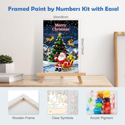 MOGTAA Christmas Paint by Numbers Kit for Adults Beginners with Frame, Santa Claus Adult Paint by Number Kits on Canvas with Easel, Easy DIY Winter Oil Painting Kits for Home Decor, 8x12in