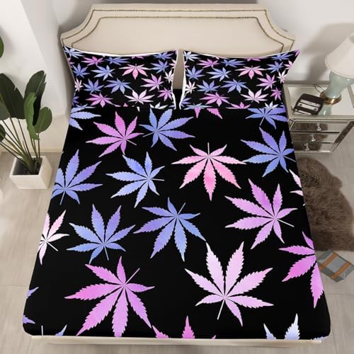 Cannabis Leaves Sheet Set Hemp Leaf Plant Bedding Set Natural Botanical Bed Sheets Teens Room Decor Black Purple Pink (Twin Flat & Fitted Sheet with 1 Pillow Case)