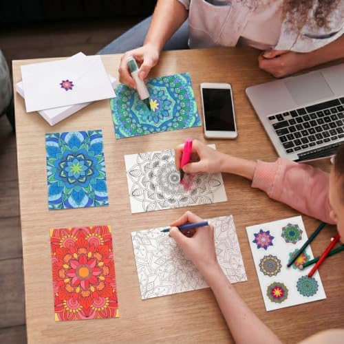 Gueevin 24 Pcs Mandala Coloring Greeting Cards with Envelopes and Stickers Floral Color Your Own Postcards 4 x 6 Flower Thank You Note Cards for Adults Wedding Birthday Gifting DIY Crafts Mailing