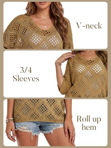 Womens Crochet Top Summer 3/4 Sleeve Cover Up V Neck Boho Tops