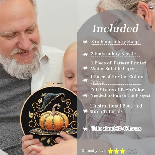 FONNUY Pumpkin Embroidery Kit for Beginners, Pre-Stamped Pattern Kits for Adults with Hoop, Easy to Follow Color Thread Needlework, 8'' Hoop (Witch Hat 2)