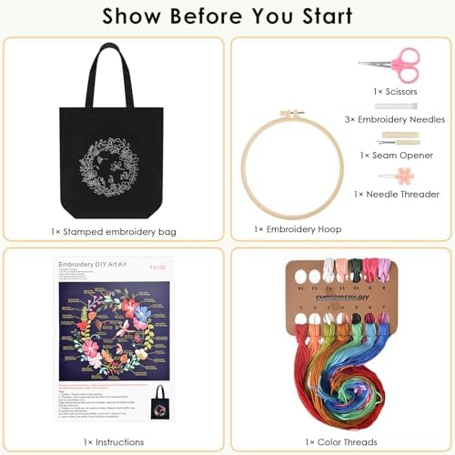 ERKOON Canvas Tote Bag Embroidery Kit for Beginners, Floral Arts Crafts Cross Stitch Kits for Adults Including Stamped Embroidery Bag with Hoops, Needle, Instruction and Color Threads(Wreath)