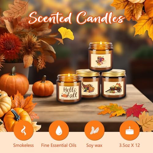 Autumn Harvest Scented Candles Gift Set – 12 Pack Fall Soy Wax Candles with Essential Oils, 3.5oz Amber Jar Candles for Home Decor, Thanksgiving & Halloween Gifts