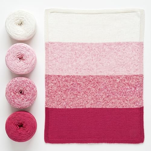 Gradient Baby Blanket Kit | Baby Bloom | 4 Balls of Gradient Yarn, 50% Cotton and 50% Viscose | Knitting Pattern Included | Revolution Fibers (Rose Dust Red)