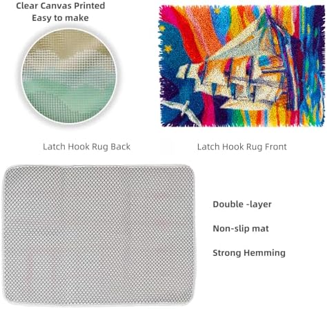 Latch Hook Rug Kit Sailboat in Sea Colorful Sky Pre-Printed Handmade Carpet Crochet Yarn Craft DIY Hook and Latch Door Mat Tapestry for Home Floor Decoration 52x38cm-2