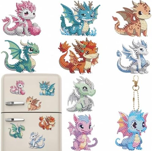 Bulerrylulu 9 Pcs Dragon Diamond Painting Magnets Kits Fridge Magnet Stickers Diamond Art Painting Keychains Gem Painting kit for Beginners Adults DIY Art Craft Gifts Home Decors