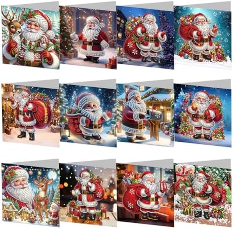 POETRYDRAW 12 Pack 5D DIY Diamond Art Painting Santa Claus Greeting Card Kit, Diamond Art Birthday Holiday Greeting Card, Crafts Kit Creative with Envelope