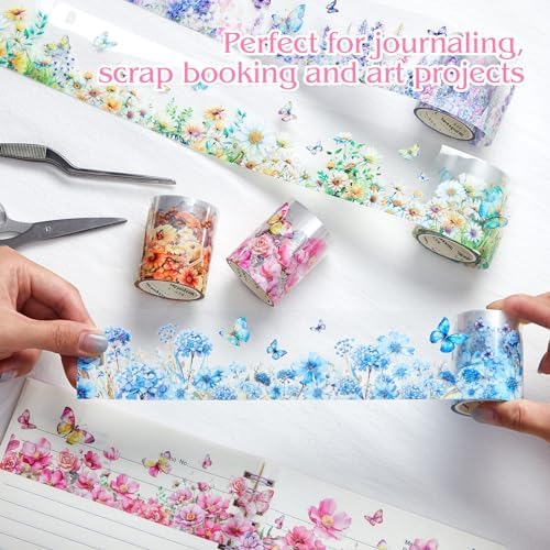 Gilprop 5 Rolls Floral Washi PET Tape Set Flower Butterfly Scrapbook Junk Journal Supplies, Clear Decorative Tape Stickers DIY for Arts Crafts Bullet Planner, 50mm Wide x 78. 74 Inch Long/roll