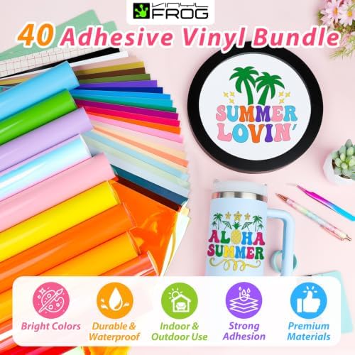 VINYL FROG 45PCS Accessories Bundle for Cricut-Vinyl Bundle for DIY Craft Projects，Ultimate Tools with Permanent Adhesive Vinyl, Holographic Vinyl, Transfer Tape, Cutting Mat, Weeding Tools, Scrape