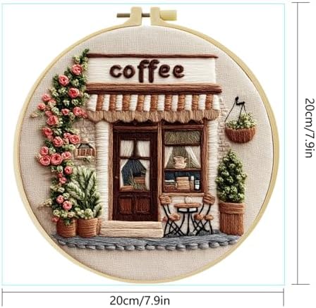 Embroidery Kit for Beginners – Complete Hand Embroidery Starter Set with Hoop, Pattern Cloth, Color Threads & Needles, DIY Embroidery Set for Relaxation, Home Décor & Unique Gifts (Corner Cafe)