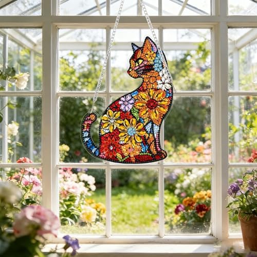 CRZMODE Cat Diamond Art Hanging Kit for Adults, Flower Cat Pendant Diamonds Painting Art Kit, Special Crystal Diamond Art Painting Pendant Ornament, Craft Gift for Women Home Window Decor