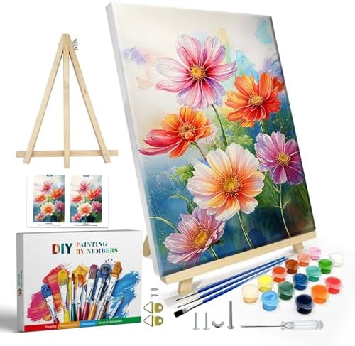 JOOZ Flowers Paint by Numbers Kit for Adults with Frame, Flower Paint by Number with Easel, DIY Floral Adult Paint by Number Kits Framed Canvas for Home Wall Decor 8 x 12 Inch