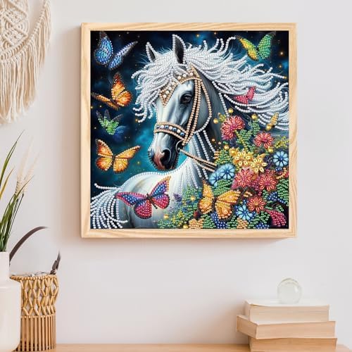 5D Special Shape Diamond Art Kits for Beginners, Diamond Art Painting Kits for Adults, Crystal Rhinestones Diamond Art Painting for Home Wall Decoration Gift 12×12 inch, White Horse Butterfly