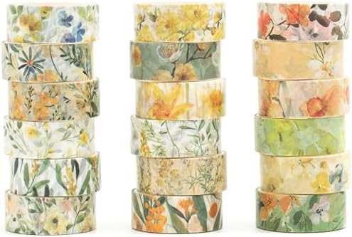 18 Rolls Blossom Washi Tape Set Floral Arts Adhesive Tapes Flowers Garden Decorative Masking Tape Sets for Craft, Kids, Scrapbook, DIY, Gift Wrapping (Golden Harvest)