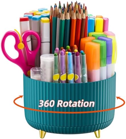 Marbrasse Desk Organizer, 360-Degree Rotating Pen Holder, Desk Organizers and Accessories with 5 Compartments Pencil Organizer, Art Supply Storage Box Caddy for Office, Home（Green）