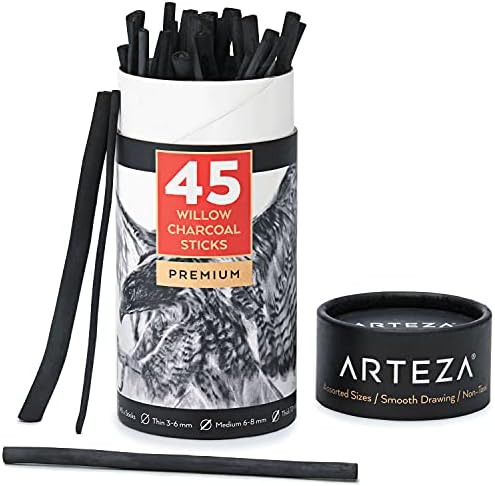 ARTEZA Willow Charcoal Sticks, Set of 45, Assorted Thin, Medium, and Thick Sketching Charcoal