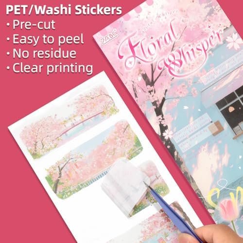 Sakura Series Sticker Scrapbooking Supplies for Junk Journal, 10 Sheets PET Stickers and 10 Sheets Washi Stickers
