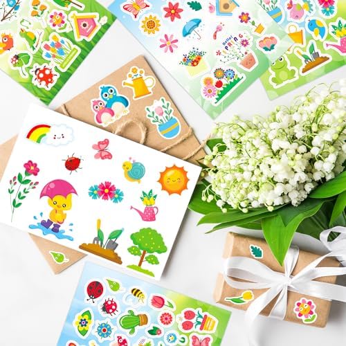 Ozepao 444 Pcs Spring Stickers for Kids, 24 Sheets Spring Garden Stickers Bulk for Water Bottles Gifts Bags Cards Envelopes Decor