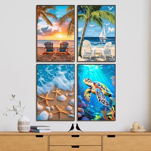 4 Pack Framed Paint by Numbers Kit for Adults with Wooden Easel, Beach | With Frame, Sea Turtle DIY Acrylic Painting, For Adults Beginner, Stress Relief Craft Kits, Home Wall Decor Gift, 8x12 IN