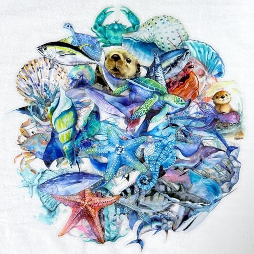 100PCS Marine Life Stickers, Waterproof PET Transparent Watercolor Ocean Decals for Laptop, Luggage, Skateboard, Phone, Fridge, Trendy Stickers for Teens, Adults, Boys and Girls（Marine Life