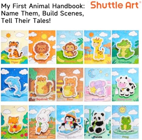 Shuttle Art 63 Pcs Magic Foam Texture Painting Kit Animal Series: 15 Animal Foam Pieces, Coloring Book with 15 Scenes, 12 Acrylic Paint Markers, Magical 3D Effect DIY Art Craft