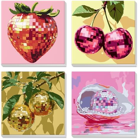 NEWENMO 4 Pack Paint by Numbers for Adults with Wooden Framed, Sparkling Funky Fruit, Paint by Number Kits on Canvas for Beginner, DIY Acrylic Oil Painting Kits for Home Decor 8x8 inch, Disco Ball