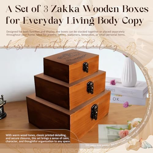 Vintage Wooden Storage Boxes Set of 3 I Zakka Style Organizer with Hinged Lids & Locks I 3 Sizes for Jewelry, Keepsakes, Letters & Desk I Stackable Rustic Wood Display Treasure Boxes for Home Decor