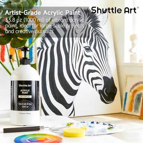 Shuttle Art Titanium White Acrylic Paint, 33.8oz/1000ml Large Capacity Pump Bottle with Cover, Fast Drying Non-Toxic, High Coverage Titanium White Paint for Kids, Artists, Students & DIY Crafts