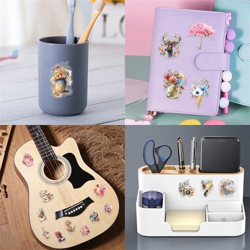 57 Pcs Vintage Watercolor Floral Stickers,Aesthetic PET Transparent Flowers Sticker Waterproof Decorative Decals for Journaling, Decoupage, Planners, laptops, Phone Case, Gift(Colourful-K1)