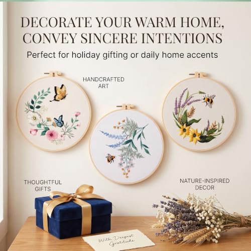 Harimau Beginner Adult Embroidery Kit, All-in-One Starter Pack with 3 Patterns, 3 Hoops, Scissors, Needles, Instruction Manual & Stitching Video Guides