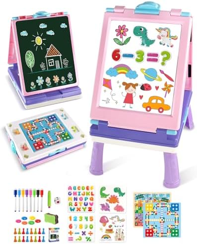 Elovien Easel for Kids, 4 in 1 Double Sided Toddler Art Easel with Chalkboard & Magnetic Whiteboard, Foldable Kid Tabletop Easel with Drawing & Writing Accessories - Educational Gift for Girl (Purple)